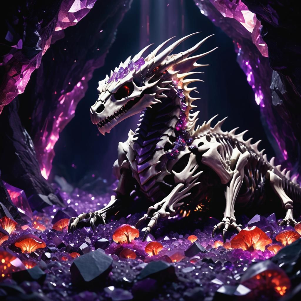 Skeleton Dragon Sleeping in Amethyst Cave, Dark Fantasy Art
