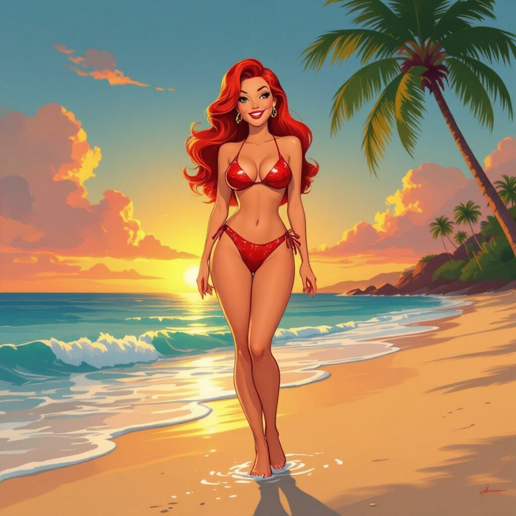 Jessica Rabbit on Tropical Beach at Sunset