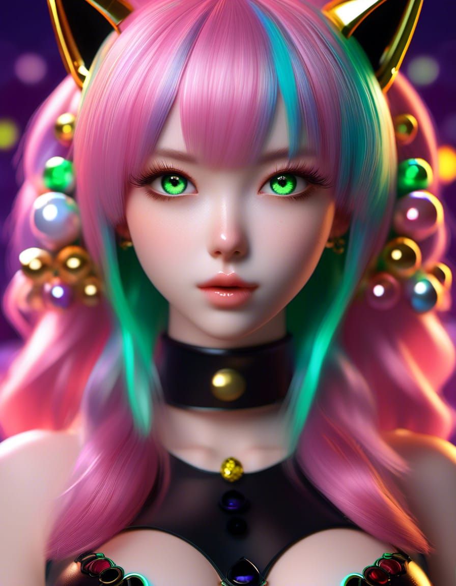 PhotoRealistic Kawaii female with cat ears, red hair, black, gold with green, pink and purple 128k resolution, intricate...