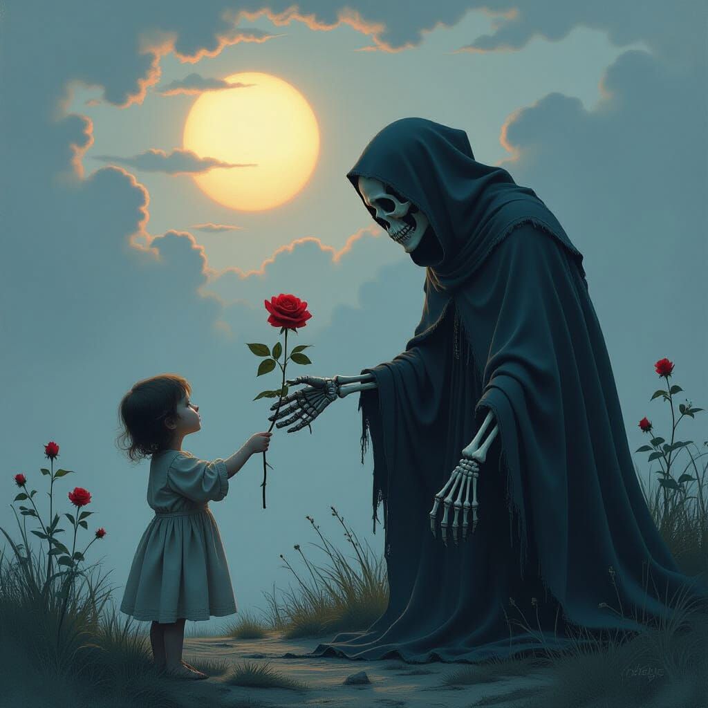 Death Offers Rose to Child in Melancholic Painting