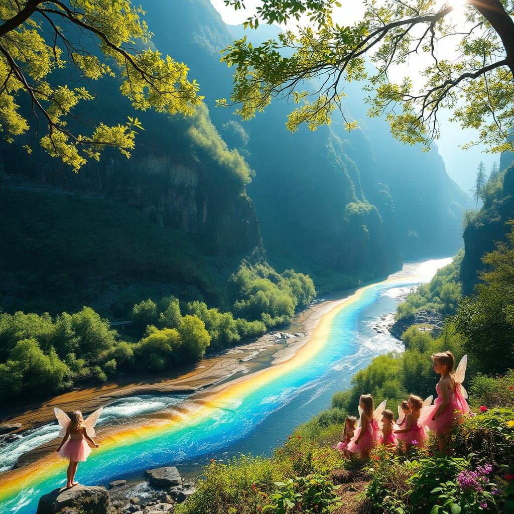 Enchanted Rainbow River Scene with Fairies in Whimsical Chif...