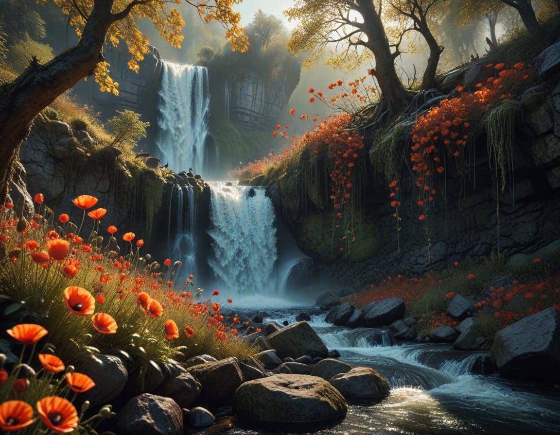 Epic Autumn Waterfall Landscape with Vibrant Forest
