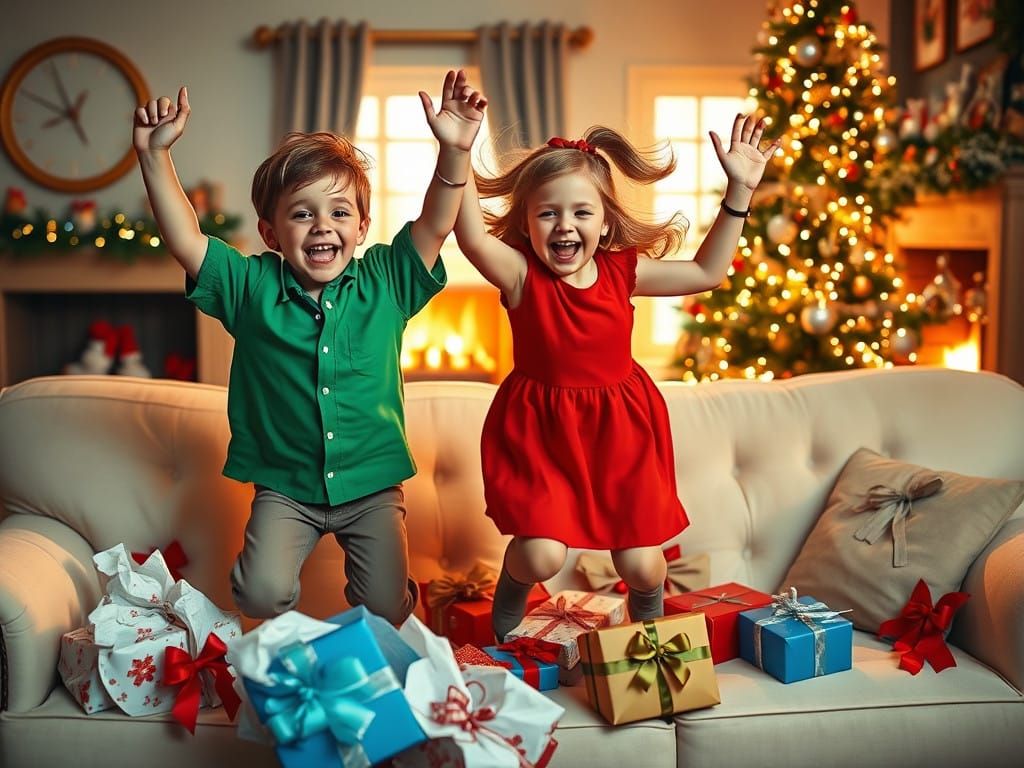 A brother and sister, jumping up and down on the couch with ...