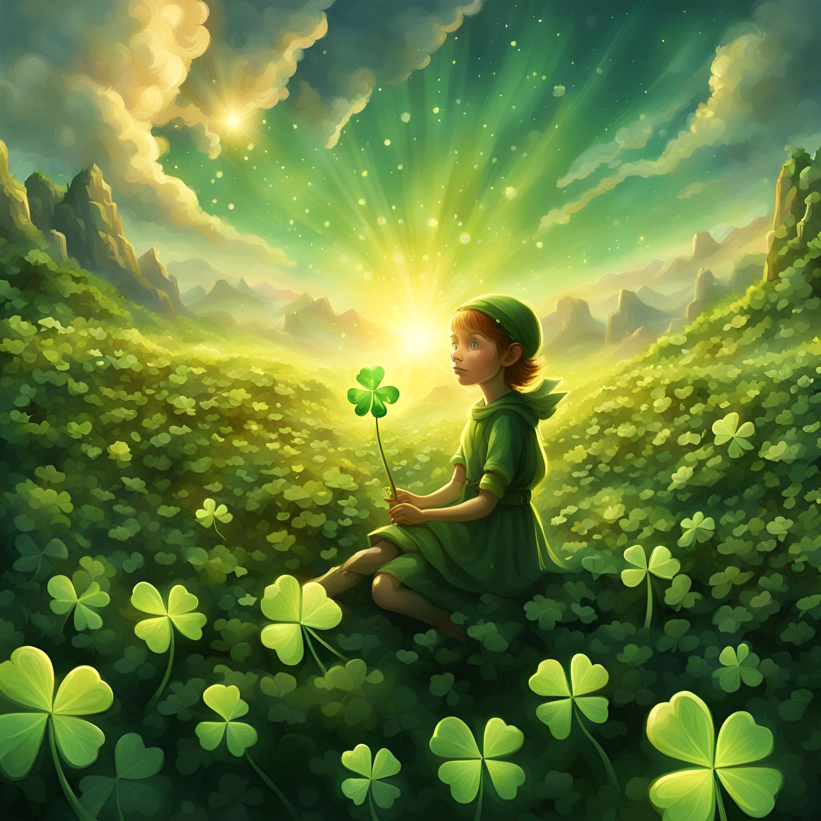 Pixie Holding Lucky Clover in Sunlight