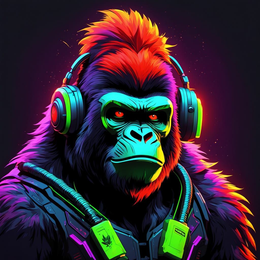 Cyborg Gorilla in Neon Futurism, Inspired by Blade Runner