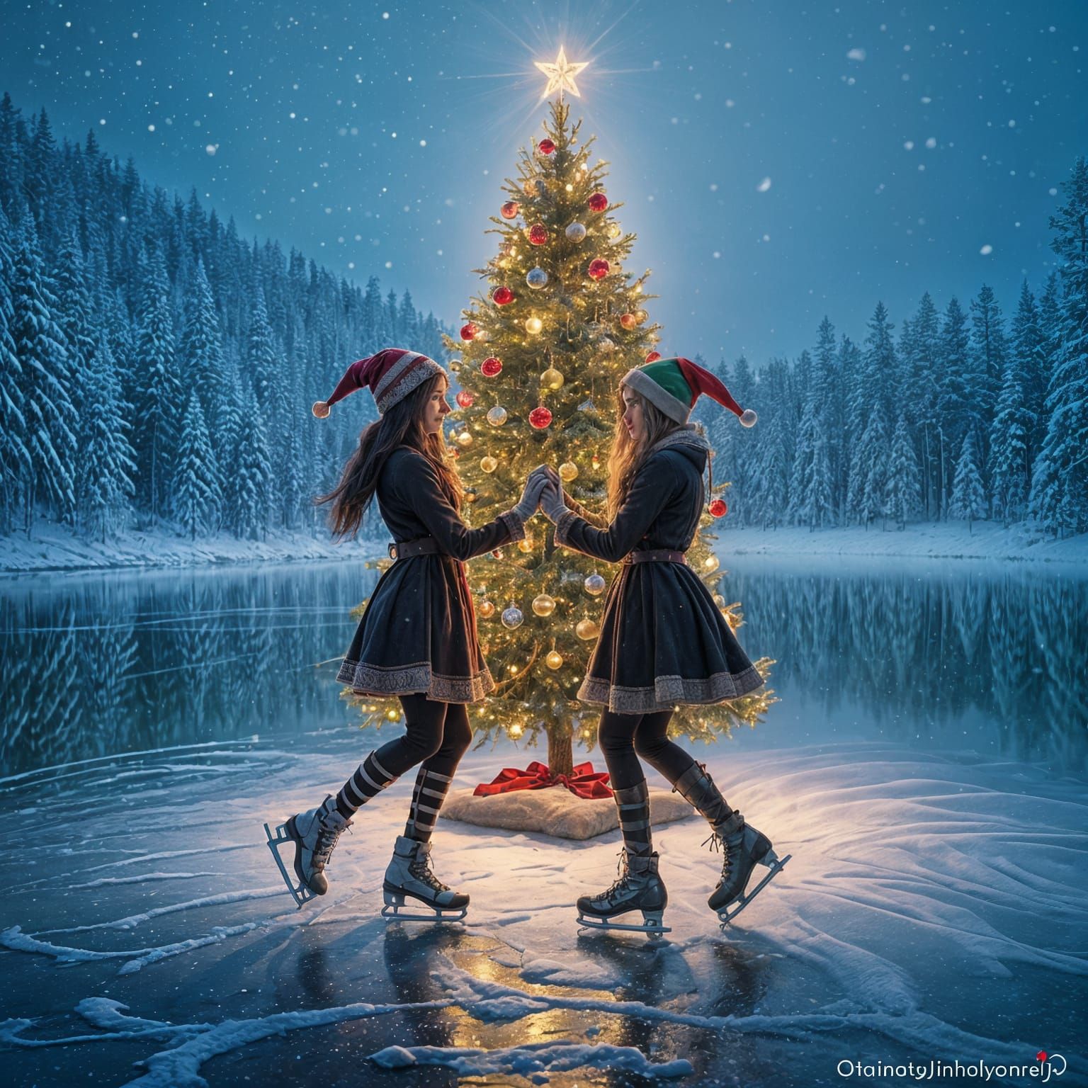 Hyperrealistic Elven Women Skating on Frozen Lake