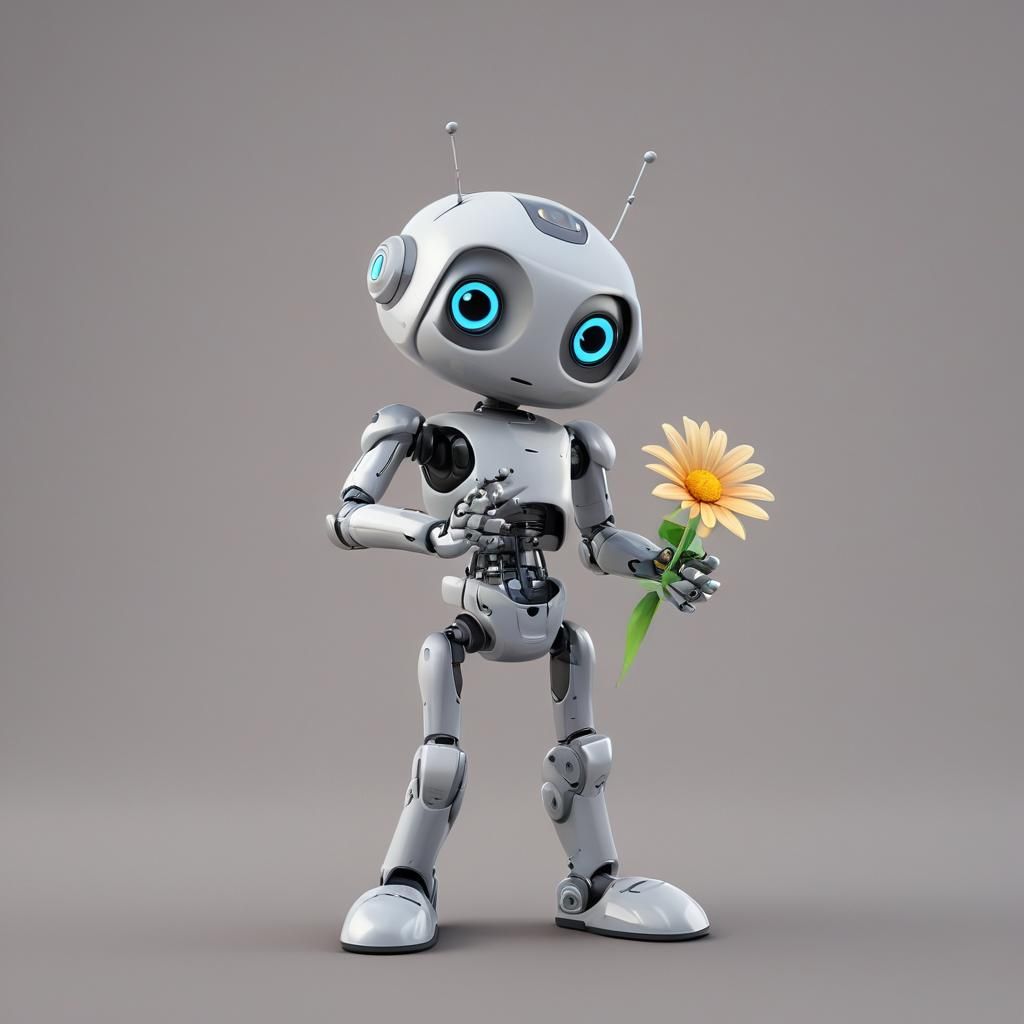 Cute Robot Holding Flower in CGI Cartoon Style