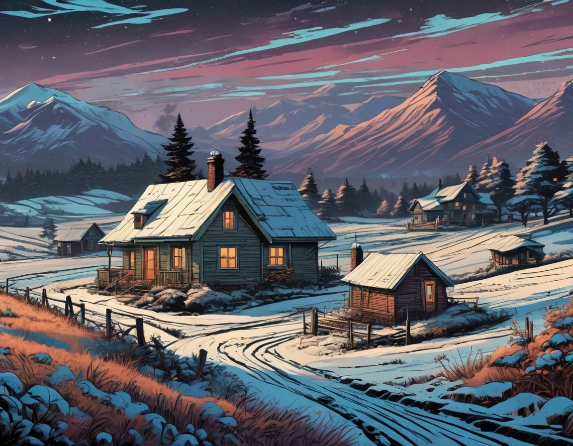 Winter Cottage in Retro Comic Book Style