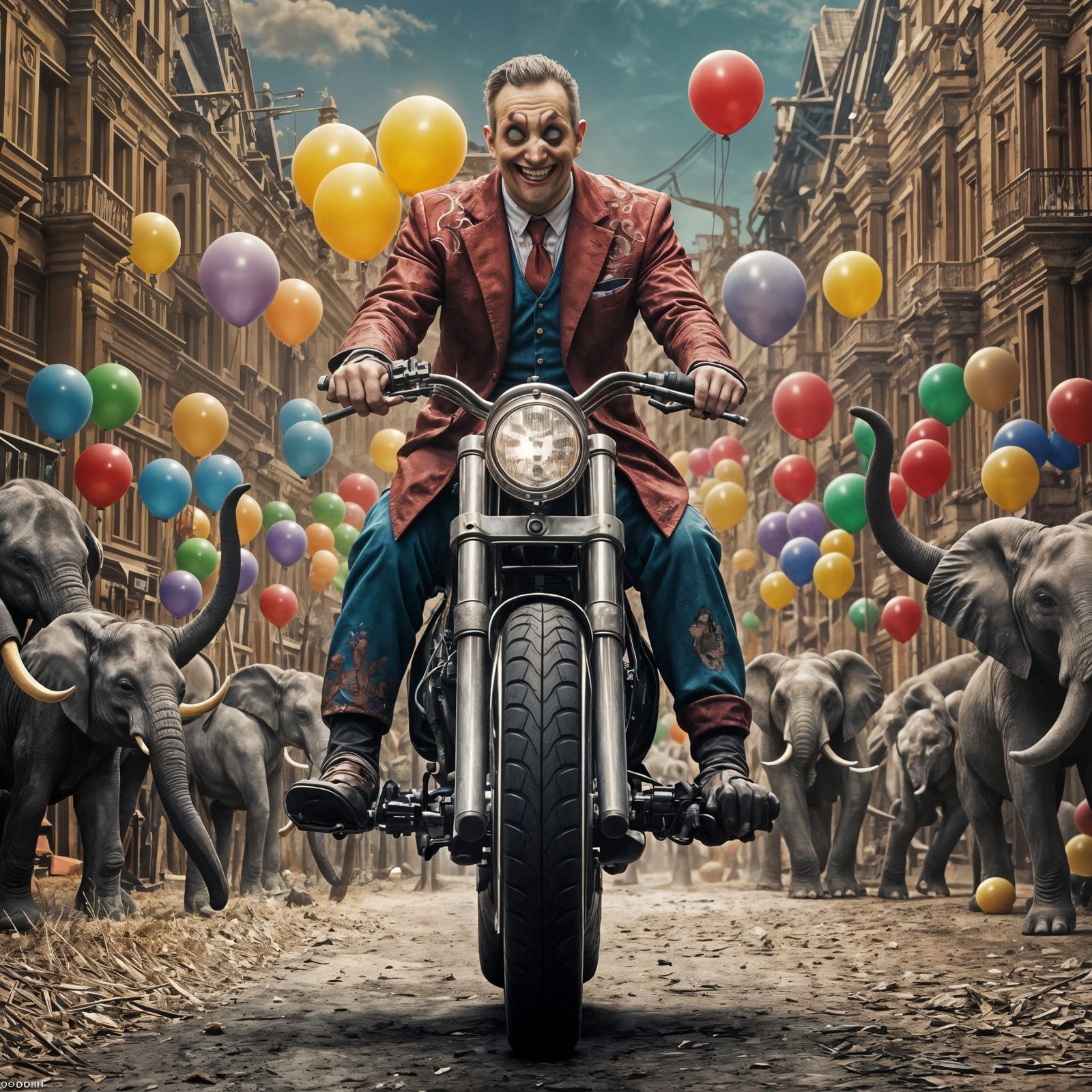 Clown Rider on Elephant-Bike in Dream Circus