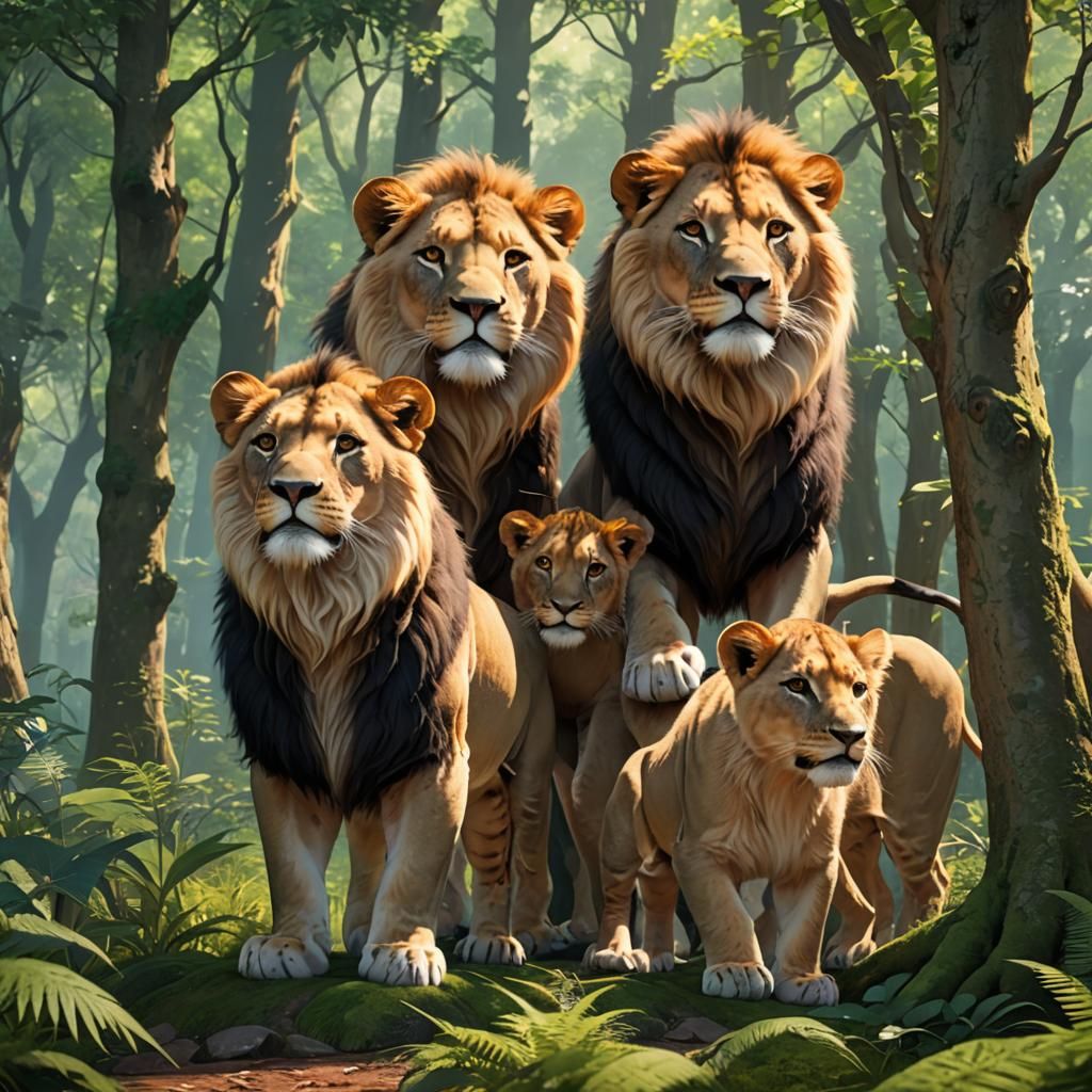 Cute Lions in Forest: 3D Anime Art