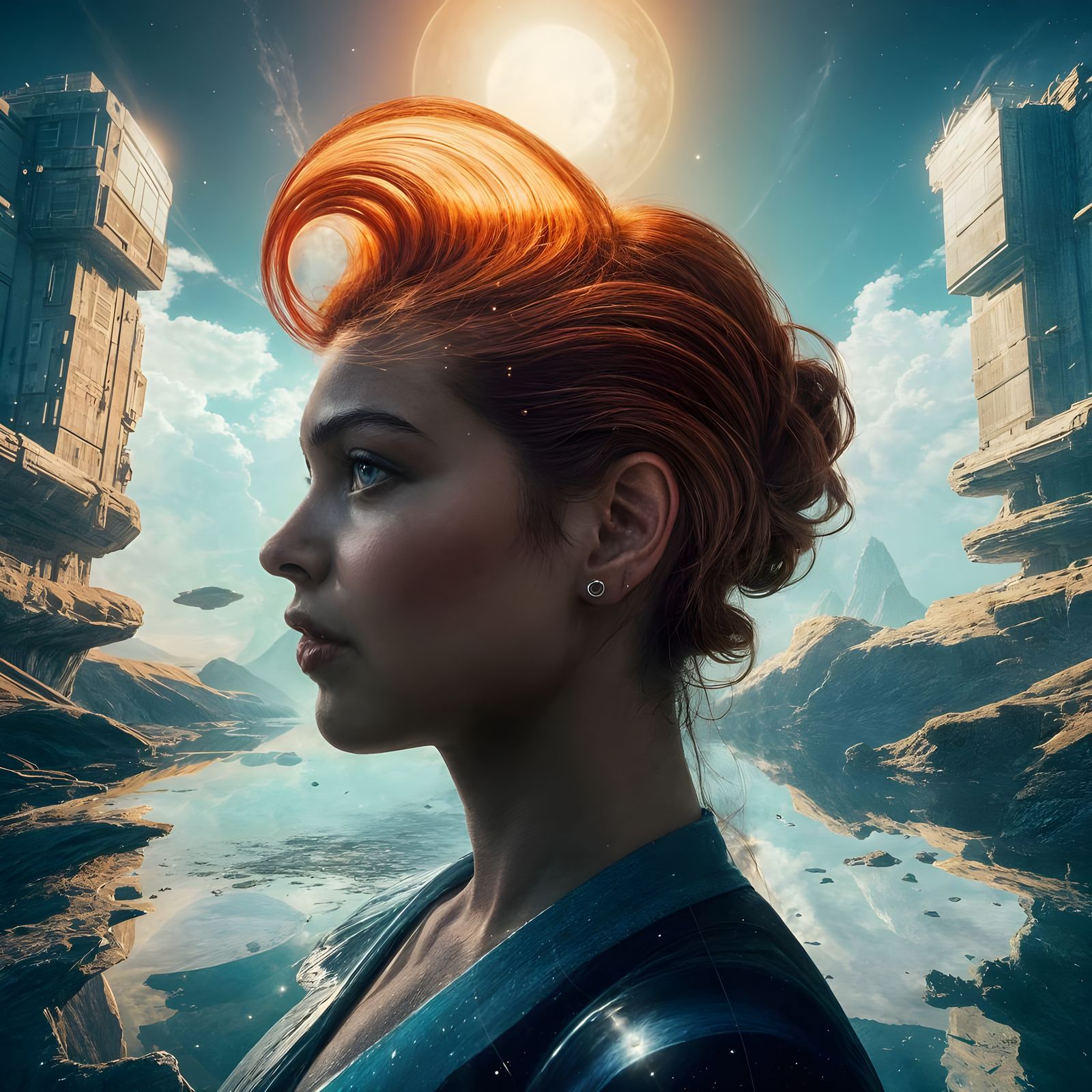 Double Exposure: Woman and Alien Planet Landscape