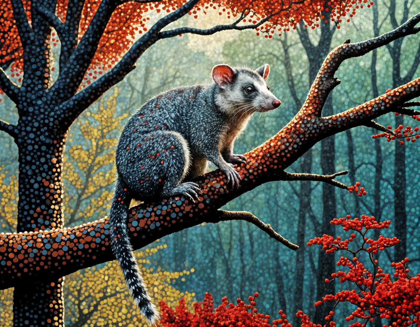 Grumpy Opossum in Forest, Pointillism Landscape