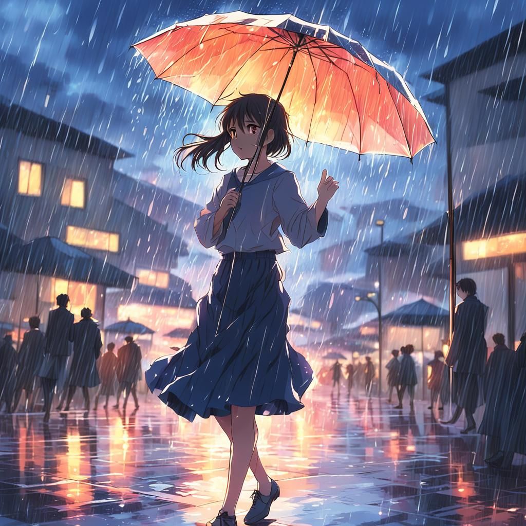 Anime Style Woman Dancing in Rainy Sunset