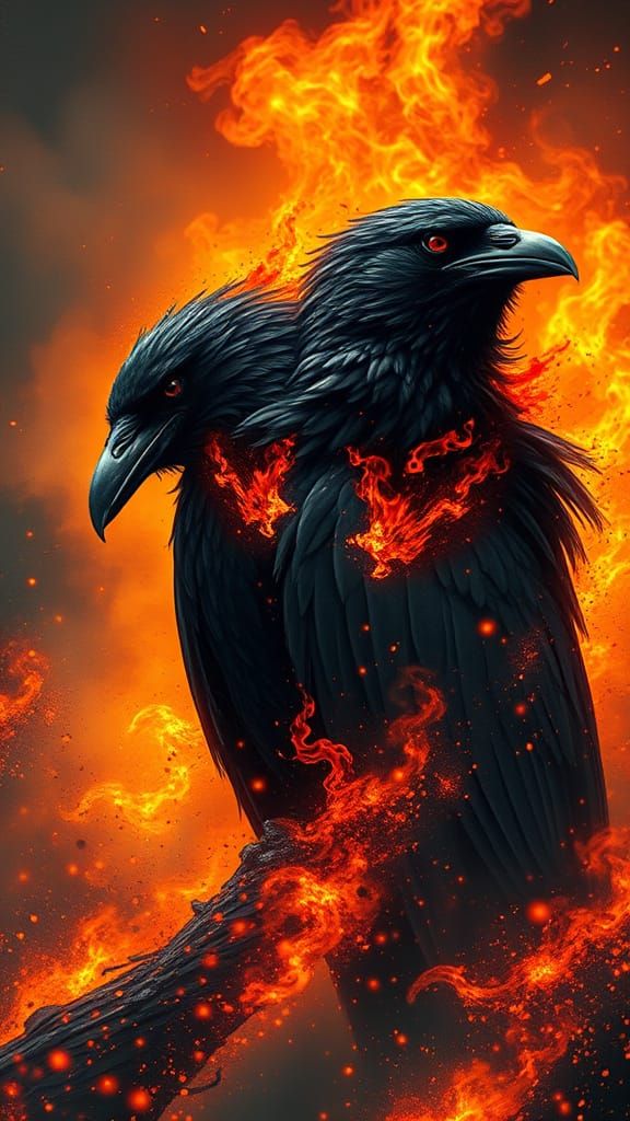 Majestic Raven Consumed by Inferno in Dark Gothic Style