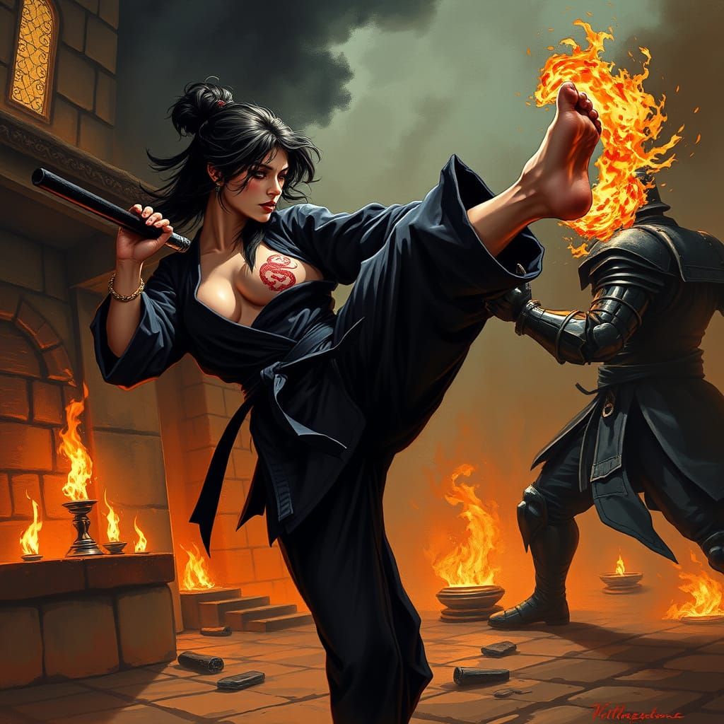 Goth Karateka's Spinning Kick in Burning Dojo