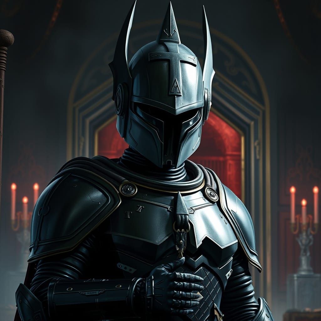 Regal, Dark Armor-clad Warrior in Futuristic Throne Room