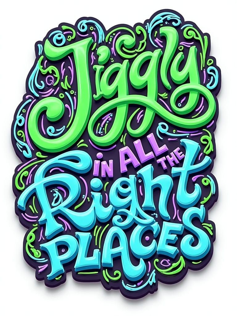 Vibrant Calligraphic Word Art in Green, Blue, and Violet