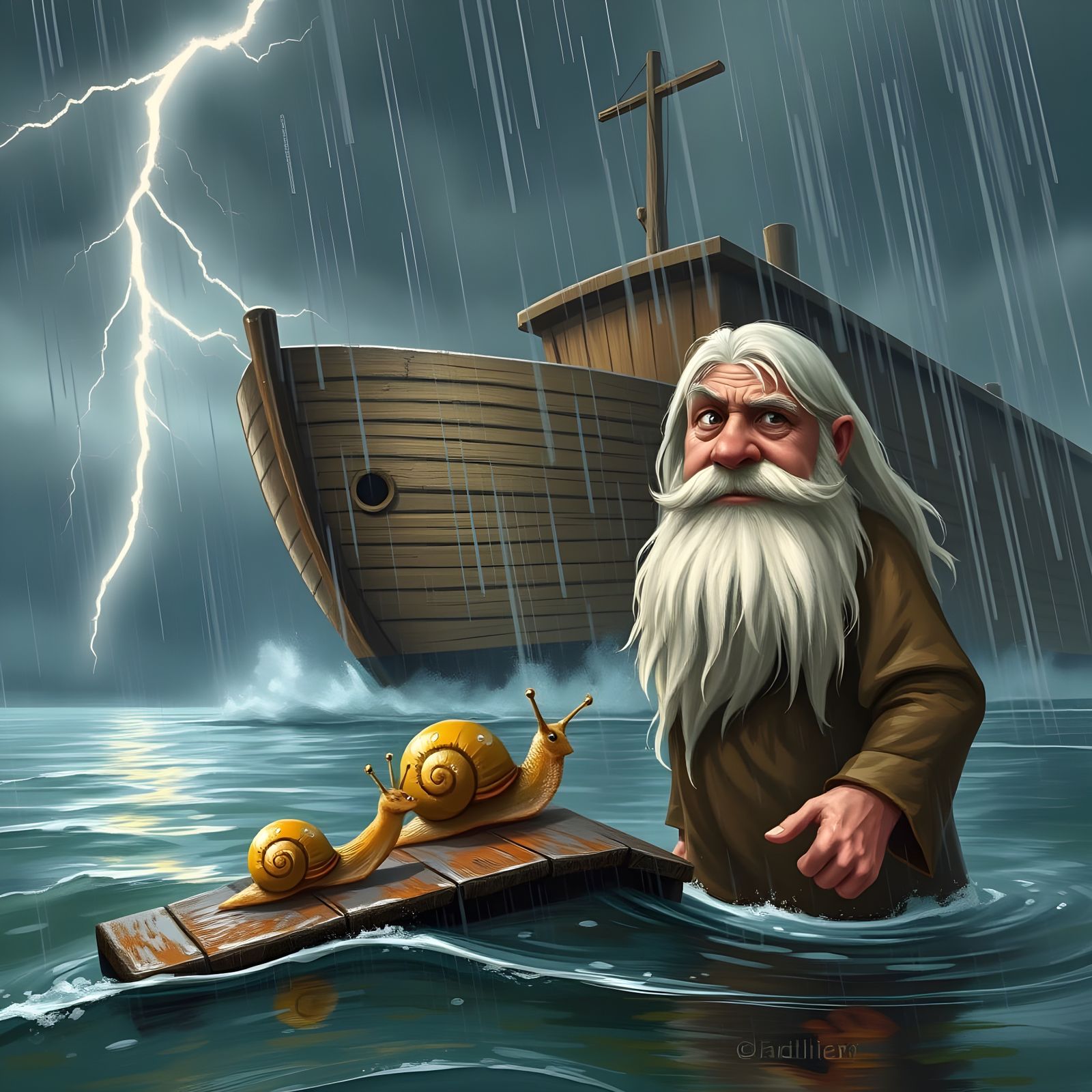 Noah's Ark Scene with Snails in Oil Painting Style