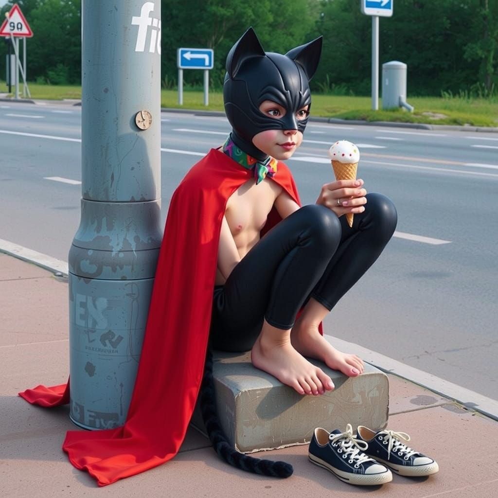 Whimsical Supercat Enjoys Ice Cream in Fantastical Setting