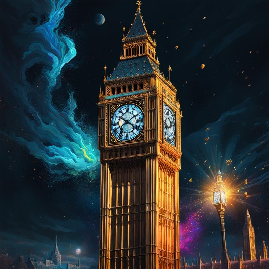Big Ben Midnight Countdown: Hyperrealistic Cosmic Illustrati...