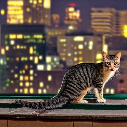 Feral Cat Overlooking City Rooftop at Night