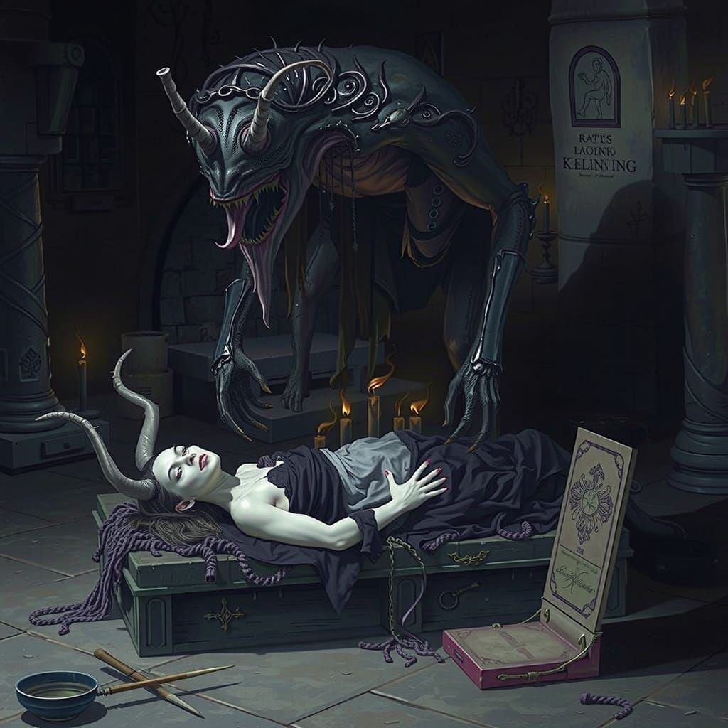 Grotesque Creature Over Altar in Dark Surreal Style