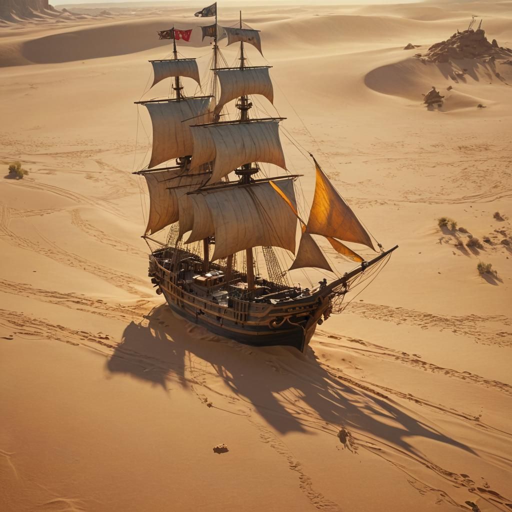 Pirate Ship Sails Desert in Oil Painting