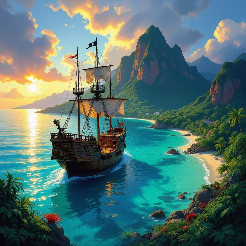 Pirate Ship Docked on Tropical Island at Sunset