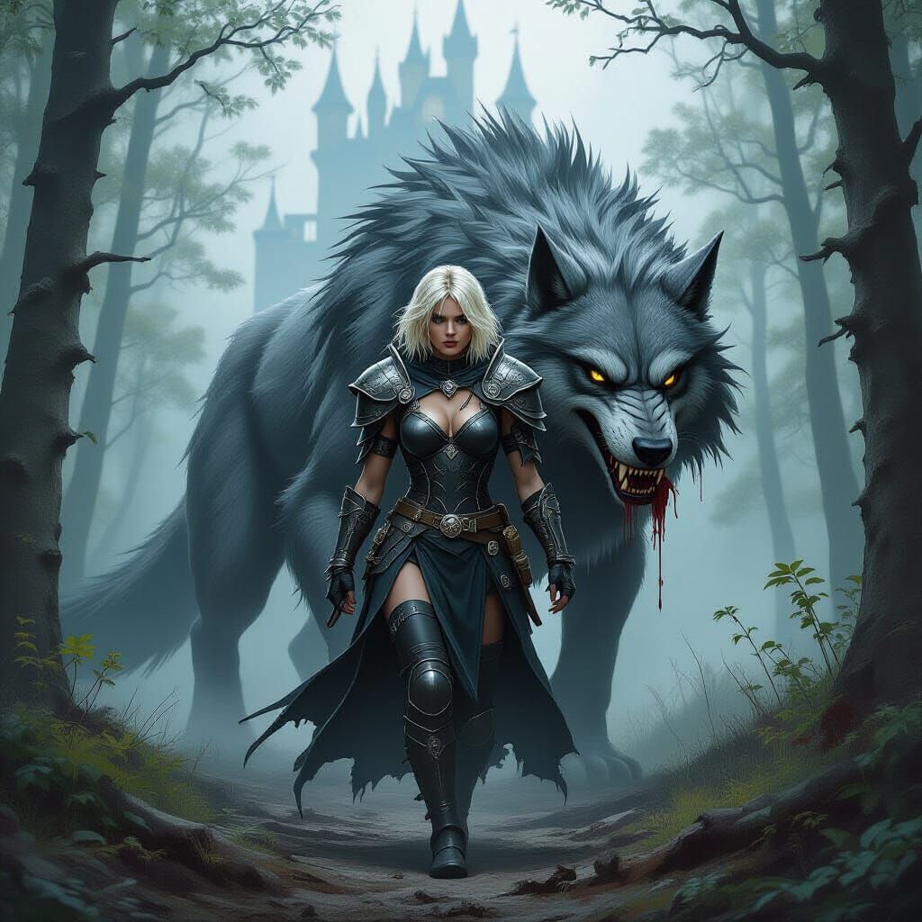 Freya Carrying Fenrir in Dark Fantasy Style