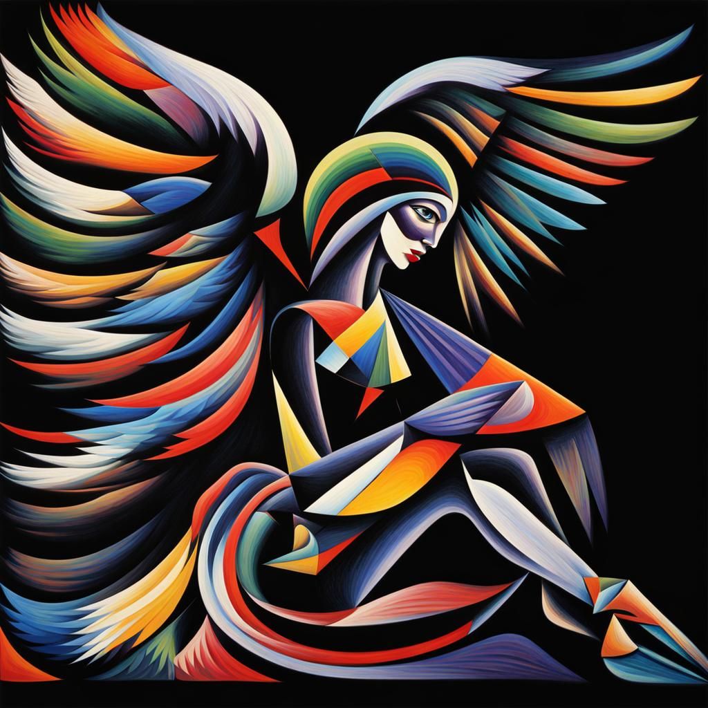 Abstract Cubist Thunderbird Wild Woman in Black and Rainbow