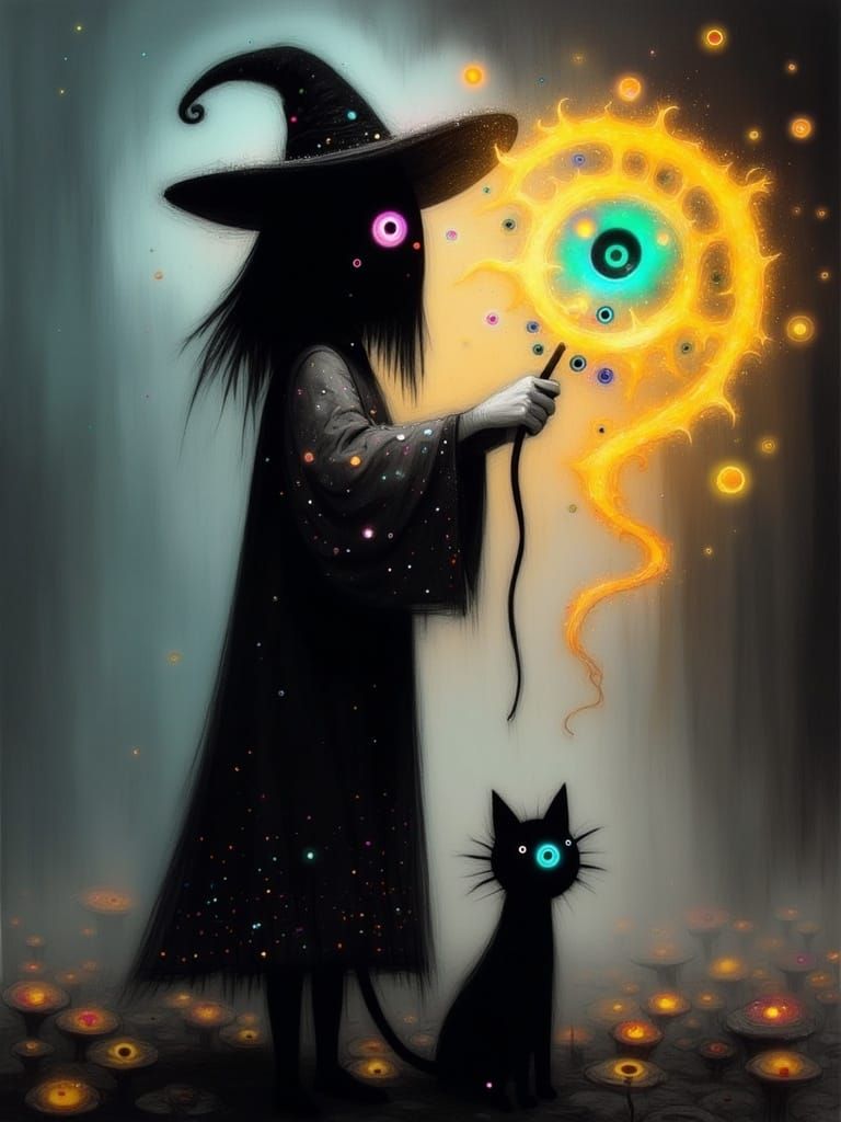 Halloween Witch Casting Spell with Black Cat