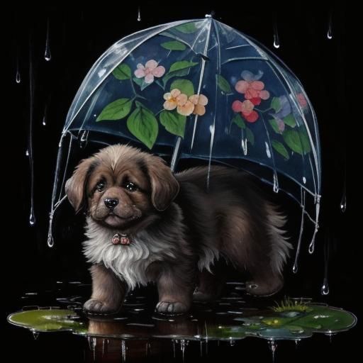 Sad Puppy in Rain: Watercolor Photorealistic Painting