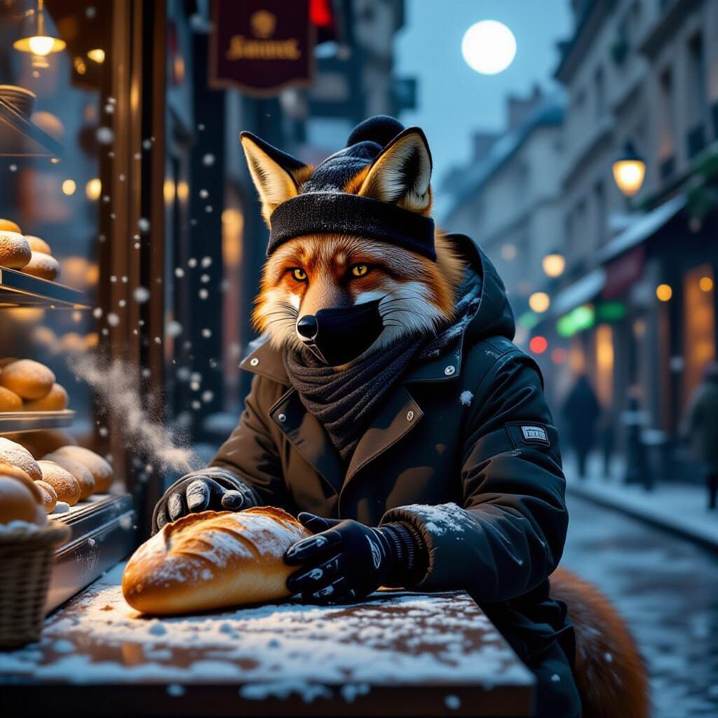 Fox Heists Baguette in Moonlit Paris Bakery