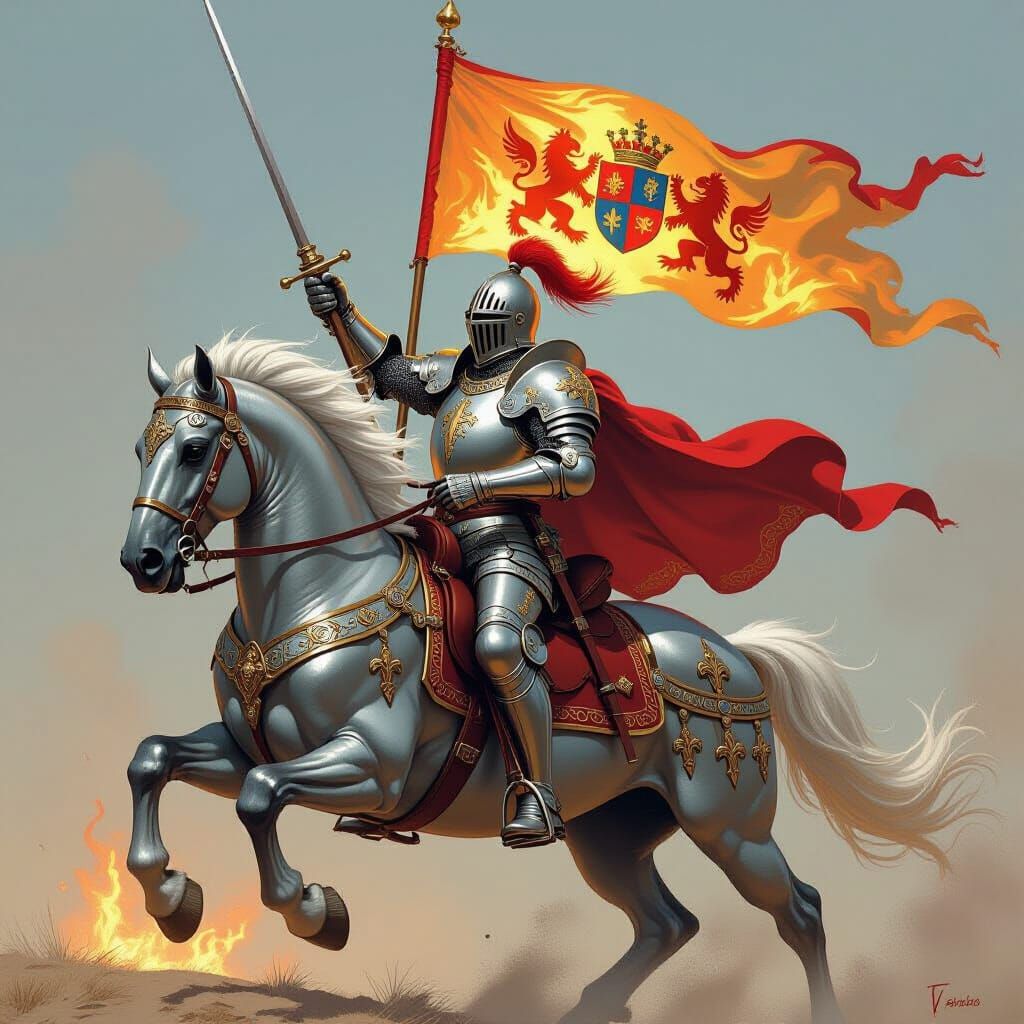 Silver Knight on Armored War Horse in Battle