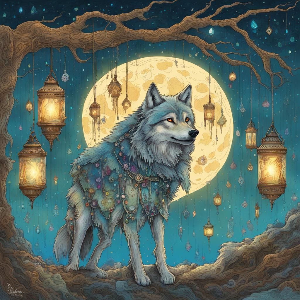 Wolf Howling in Moonlit Grove: Watercolor Splash Art