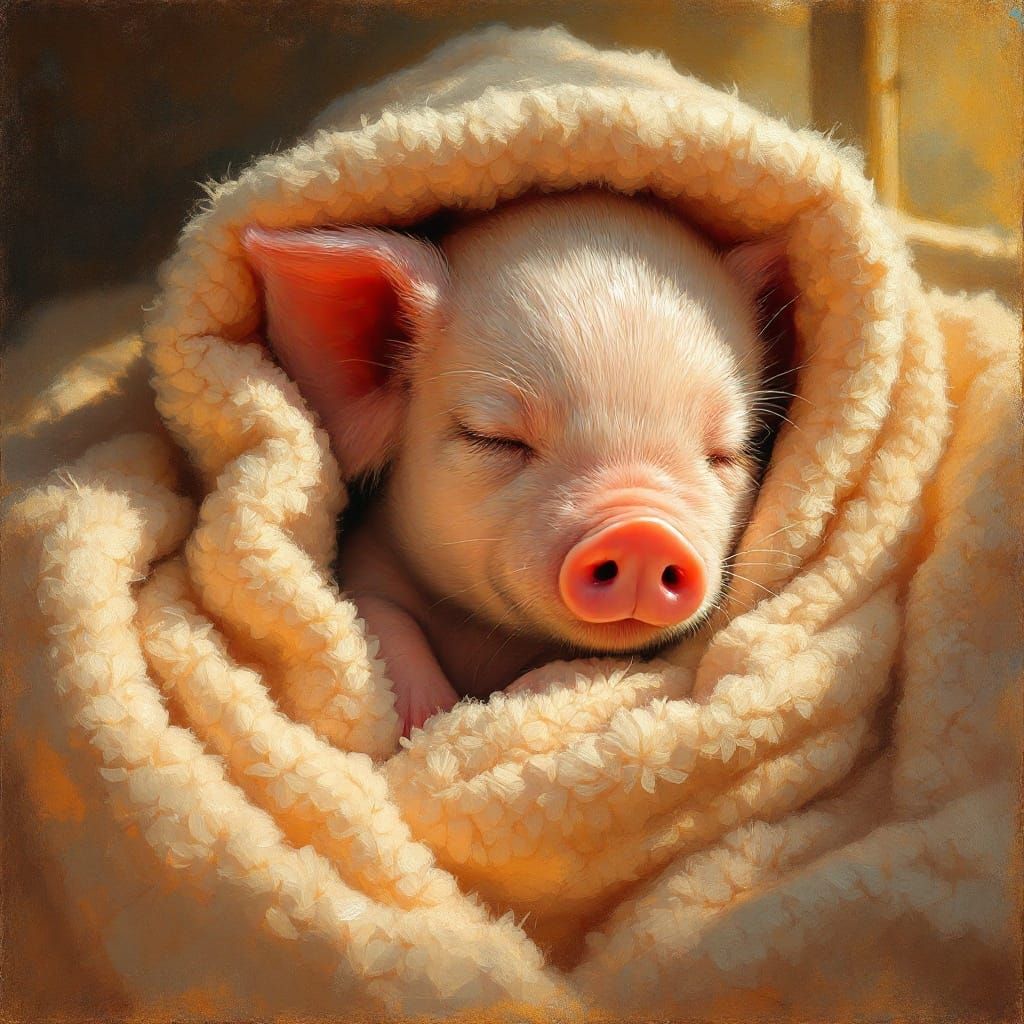 Serene Piglet in Warm Golden Light, Oil Painting