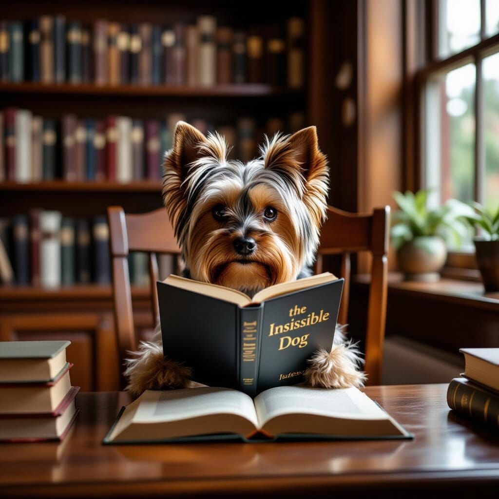 Yorkshire Terrier Reads Book in Cozy Library