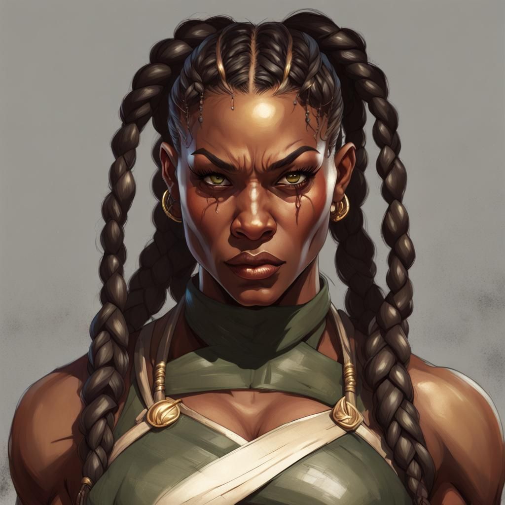 Fierce Black Woman Warrior Portrait in Digital Art Style