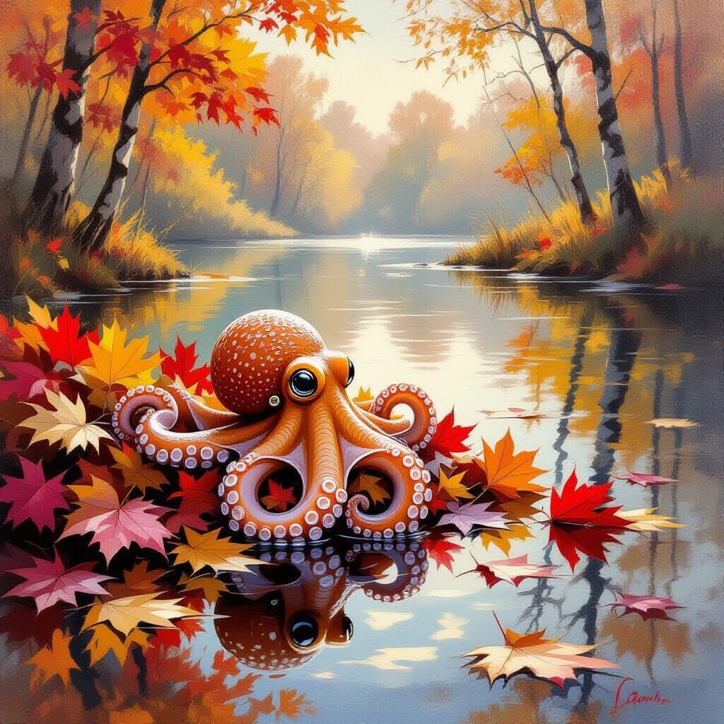 Curious Baby Octopus in Autumn Pond Reflections