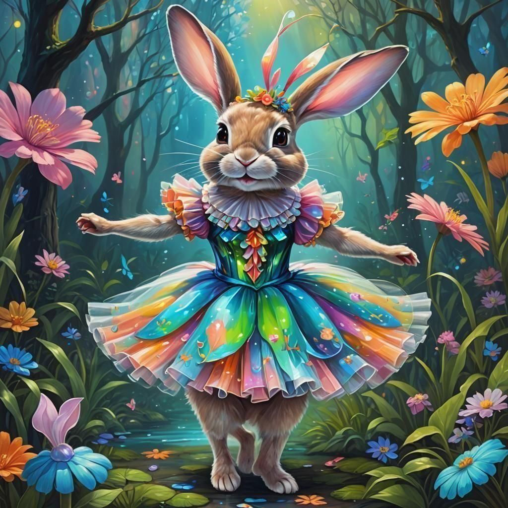 whimsical fanciful animorphic rabbit wearing a colorful ballerina outfit, bioluminescent, glossy digital oil painting, e...