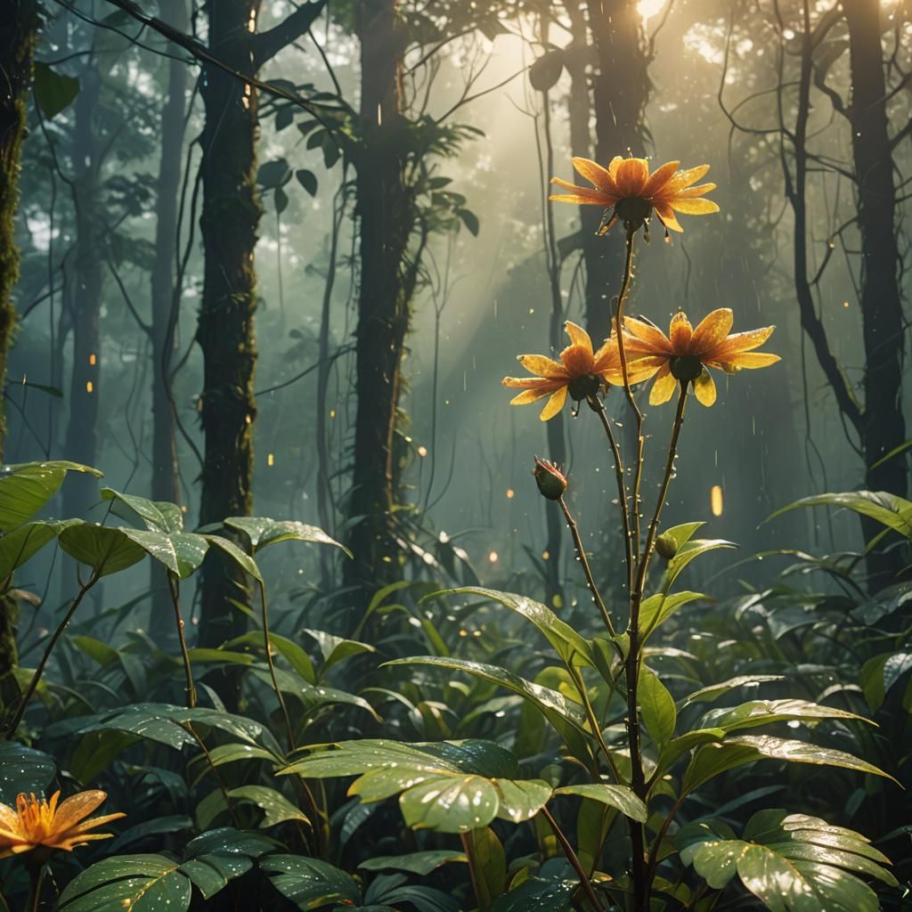 Vibrant Flower in Misty Rainforest: Double Exposure Art