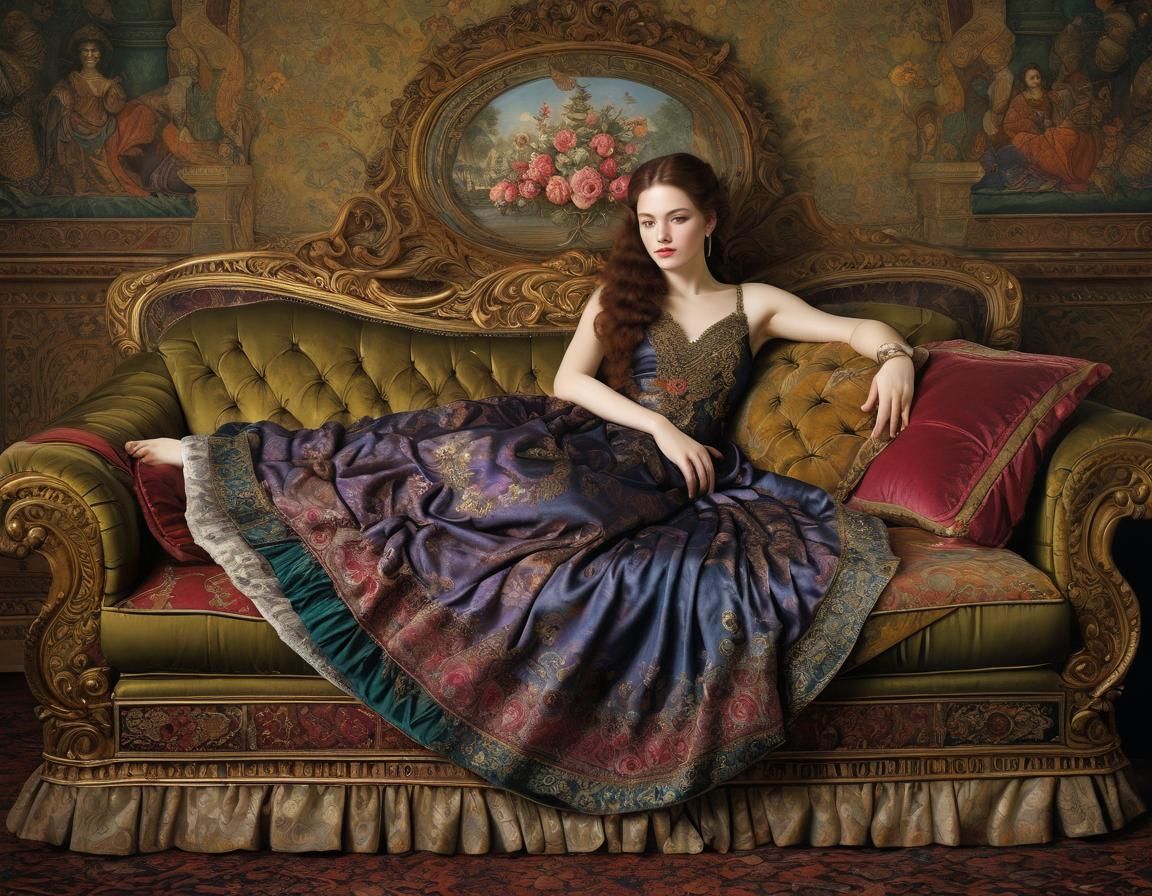 Reclining Lady on Ornate Couch in Fantasy Art Style