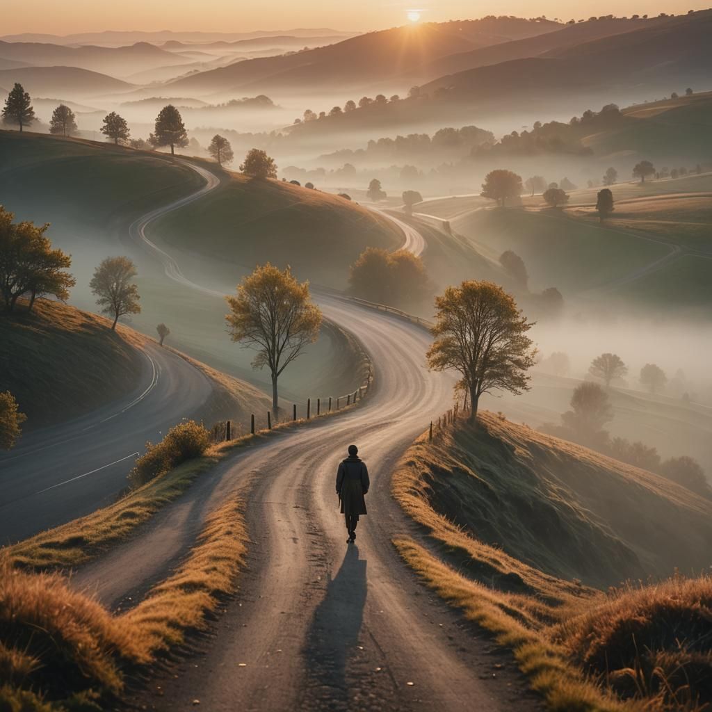 Dawn Road: Cinematic Impressionist Sunrise Scene