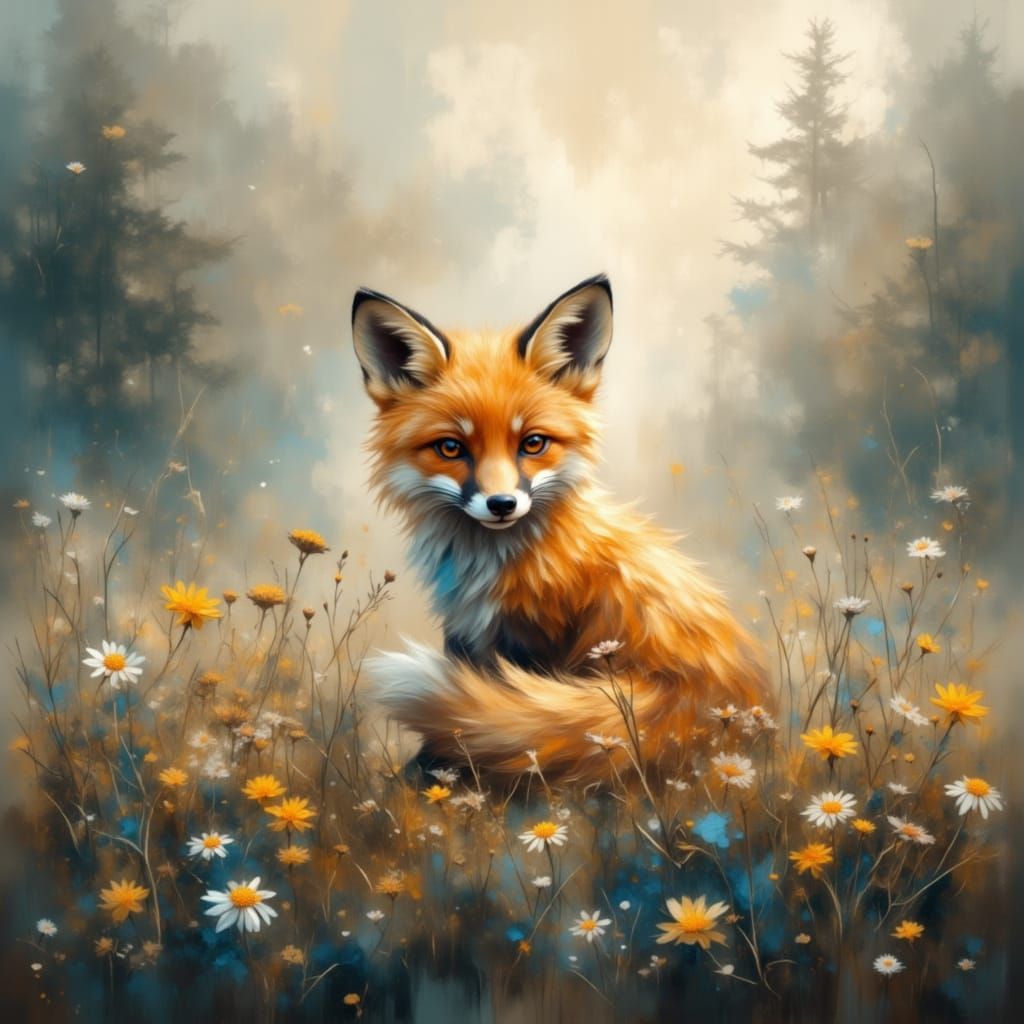 Vibrant Baby Fox Emerges in Enchanted Foggy Forest