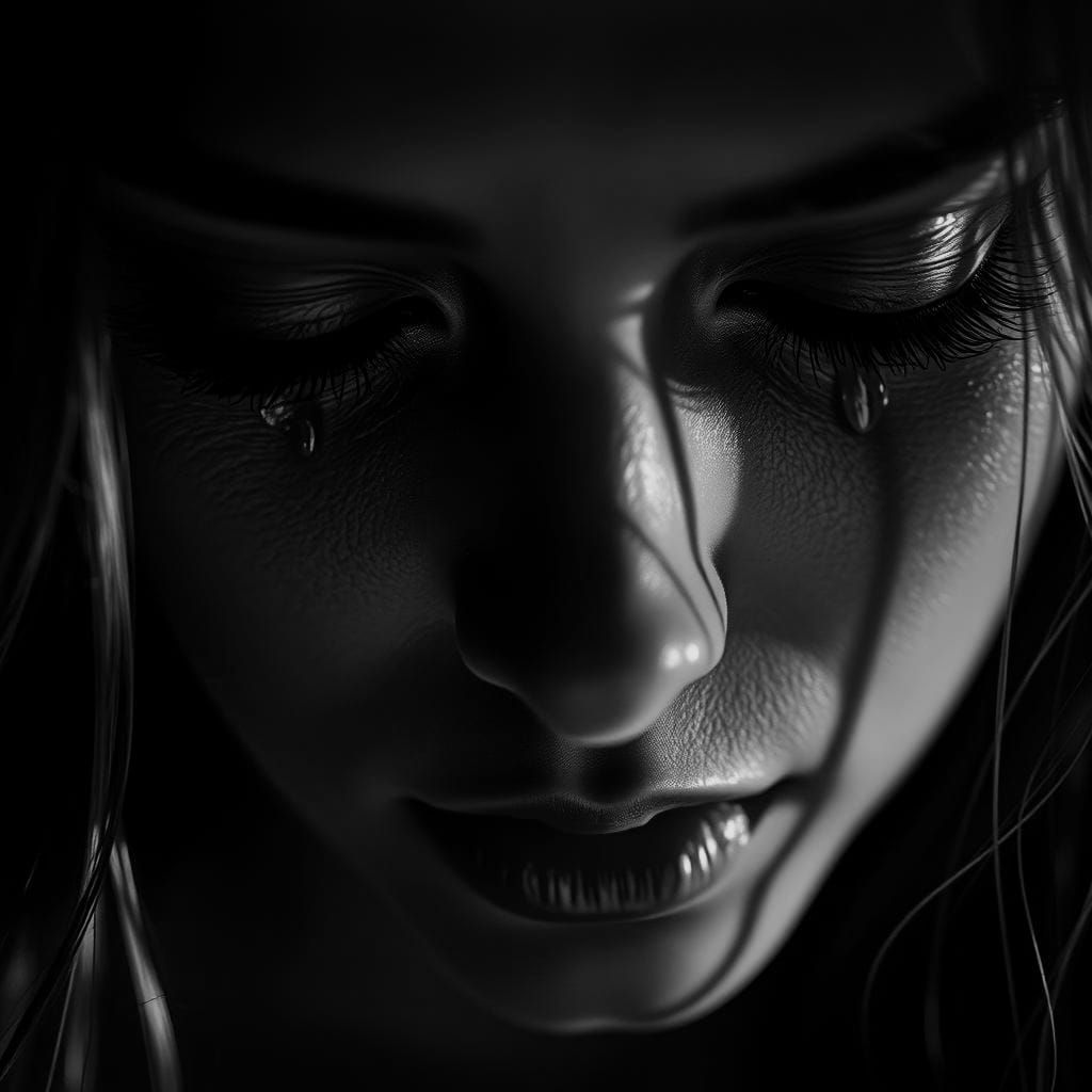 Sorrowful beautiful female face close up. Tears running down...