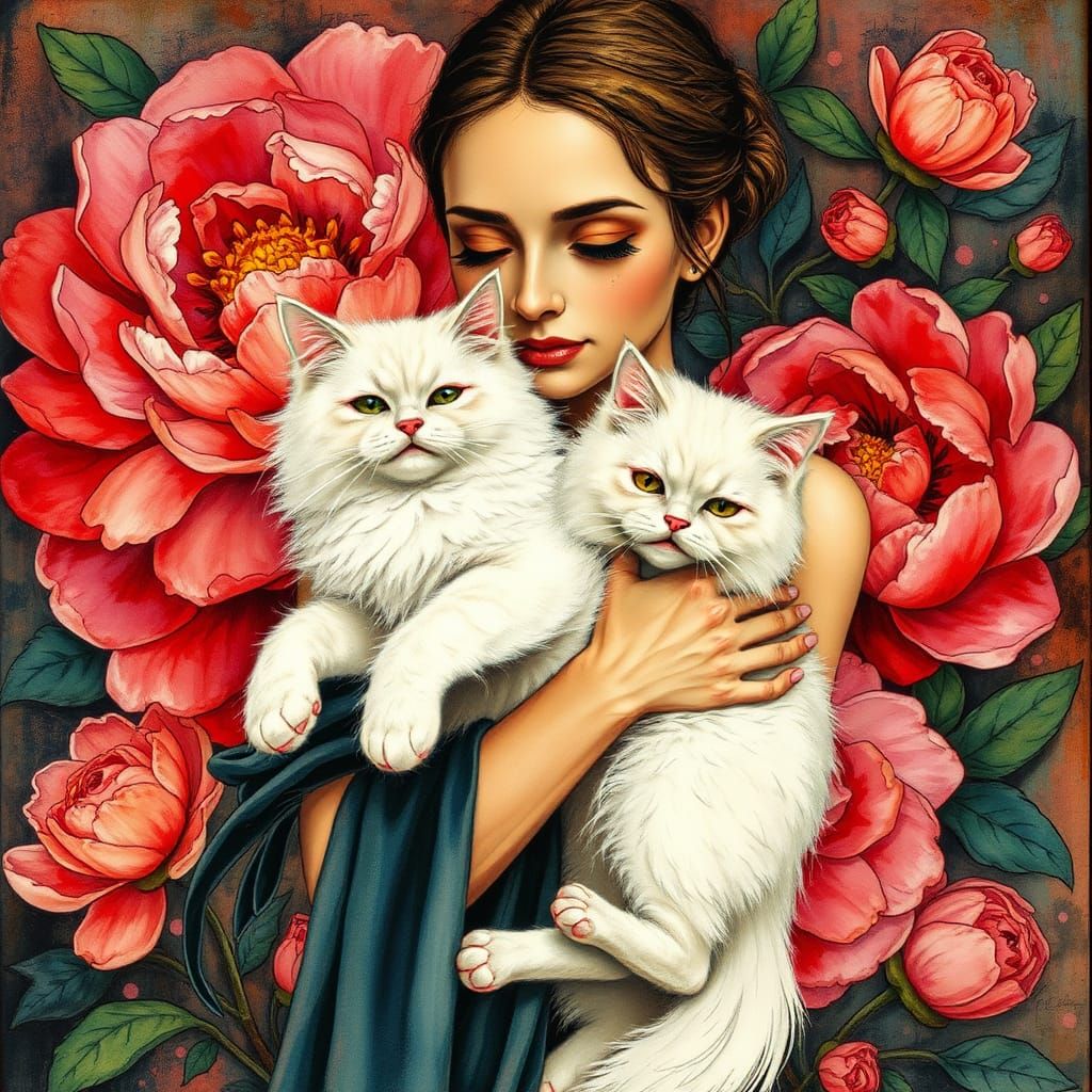 Woman with Cat in Alcohol Ink Style