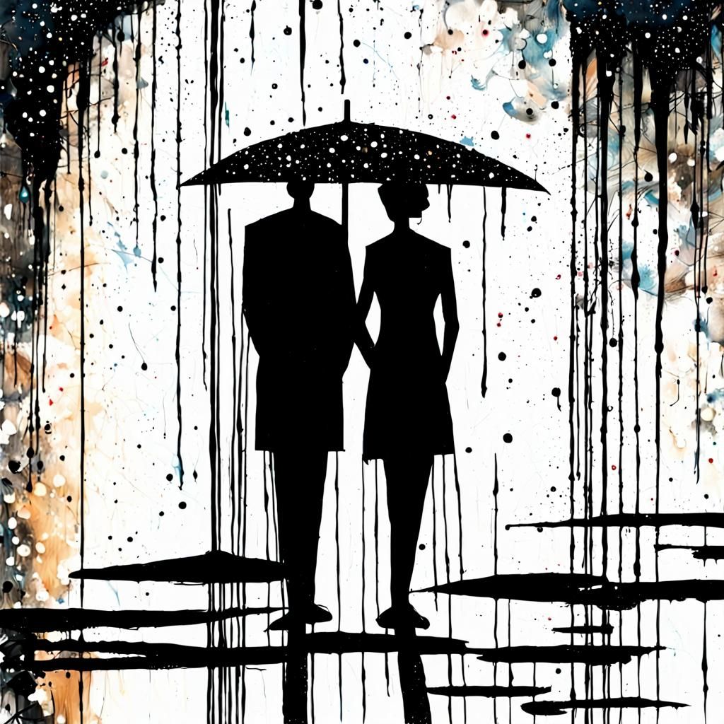 Abstract Painting of Figures Under an Umbrella