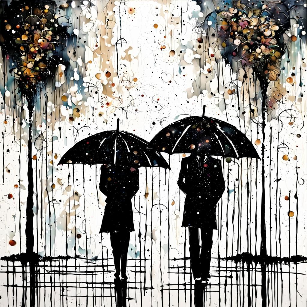 Abstract Figures Under Umbrella with Glitter Drips