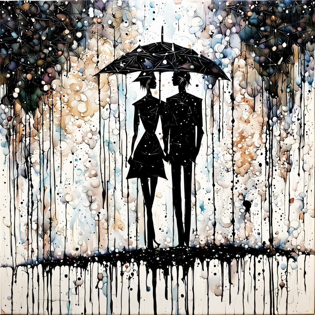 Abstract Figures Under Umbrella with Glitter Drips