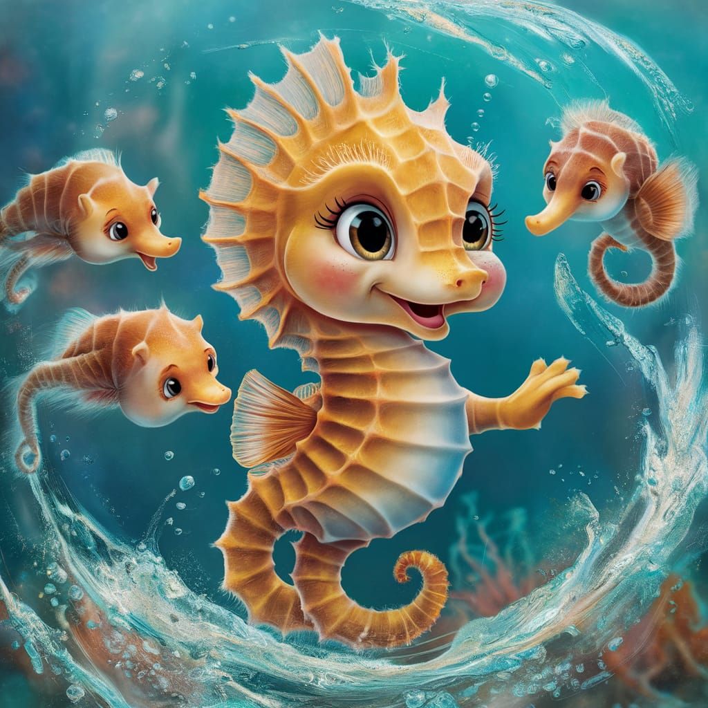 Delightful Baby Seahorse Swimming Joyfully: Airbrush Illustr...